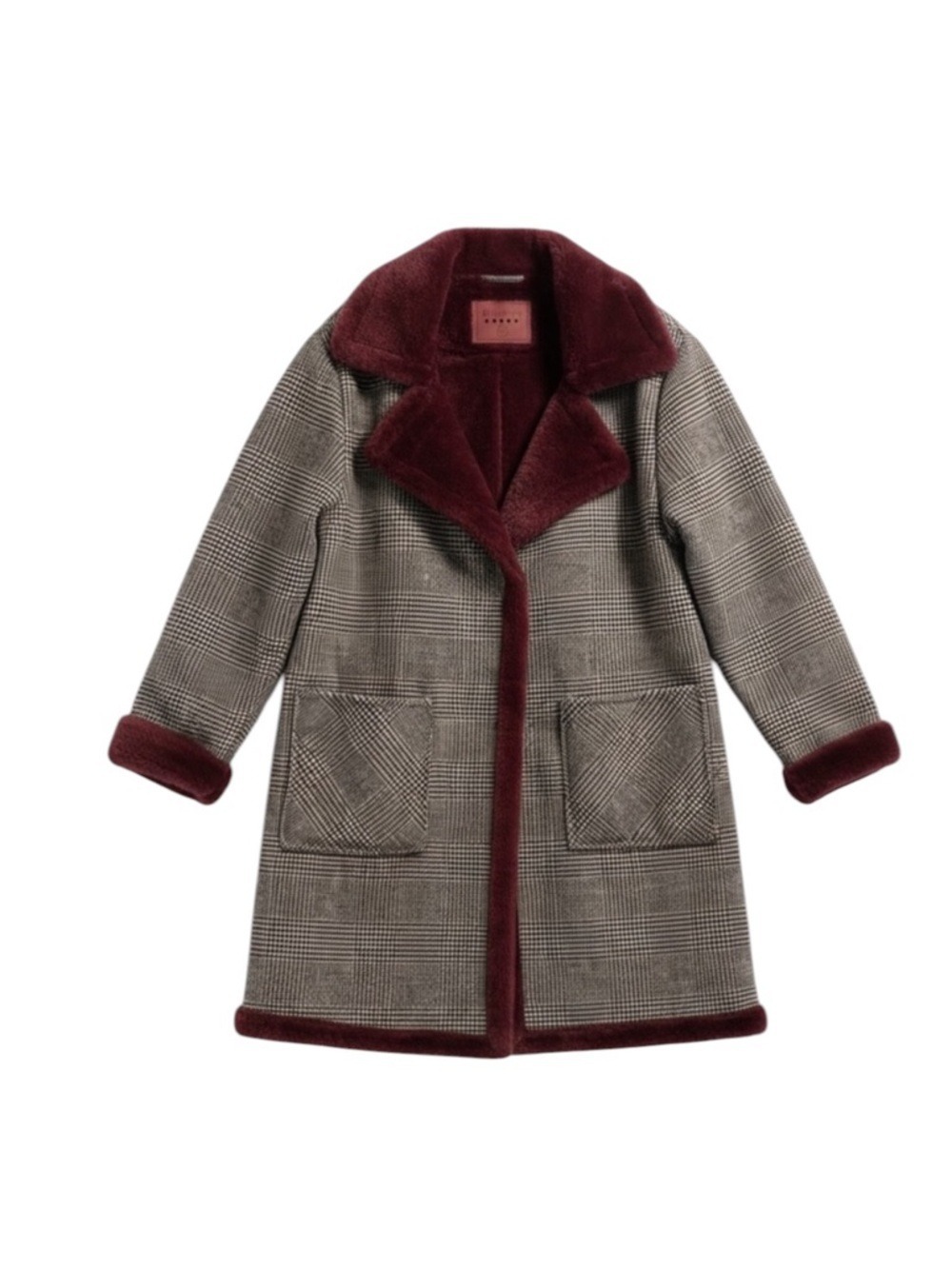 Blank NYC Plaid Teddy Coat Brown and Cream Burgundy Trim Medium
